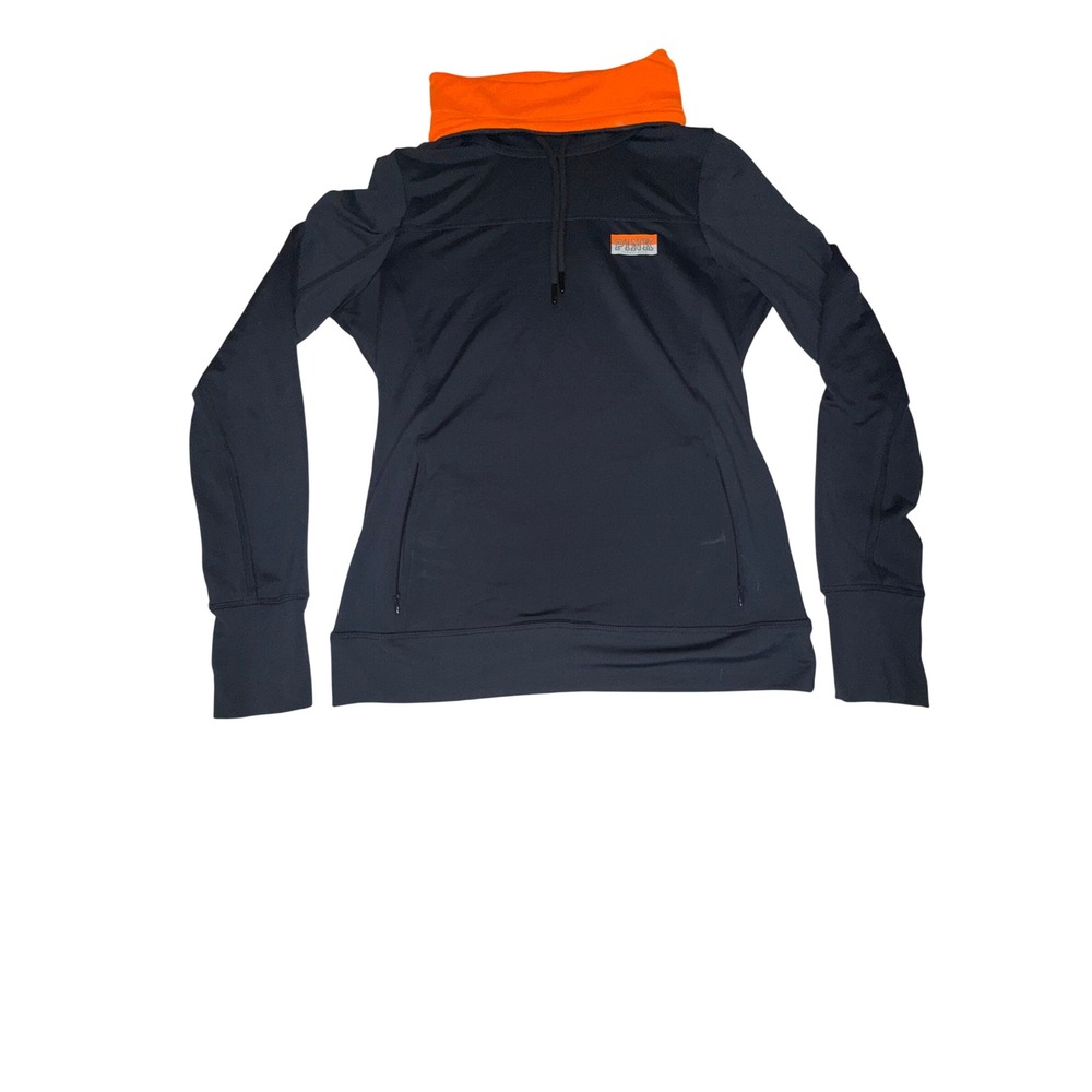 PINK Ultimate Cowl Neck Pullover S Dark Gray Orange Thumbholes Zip Pockets